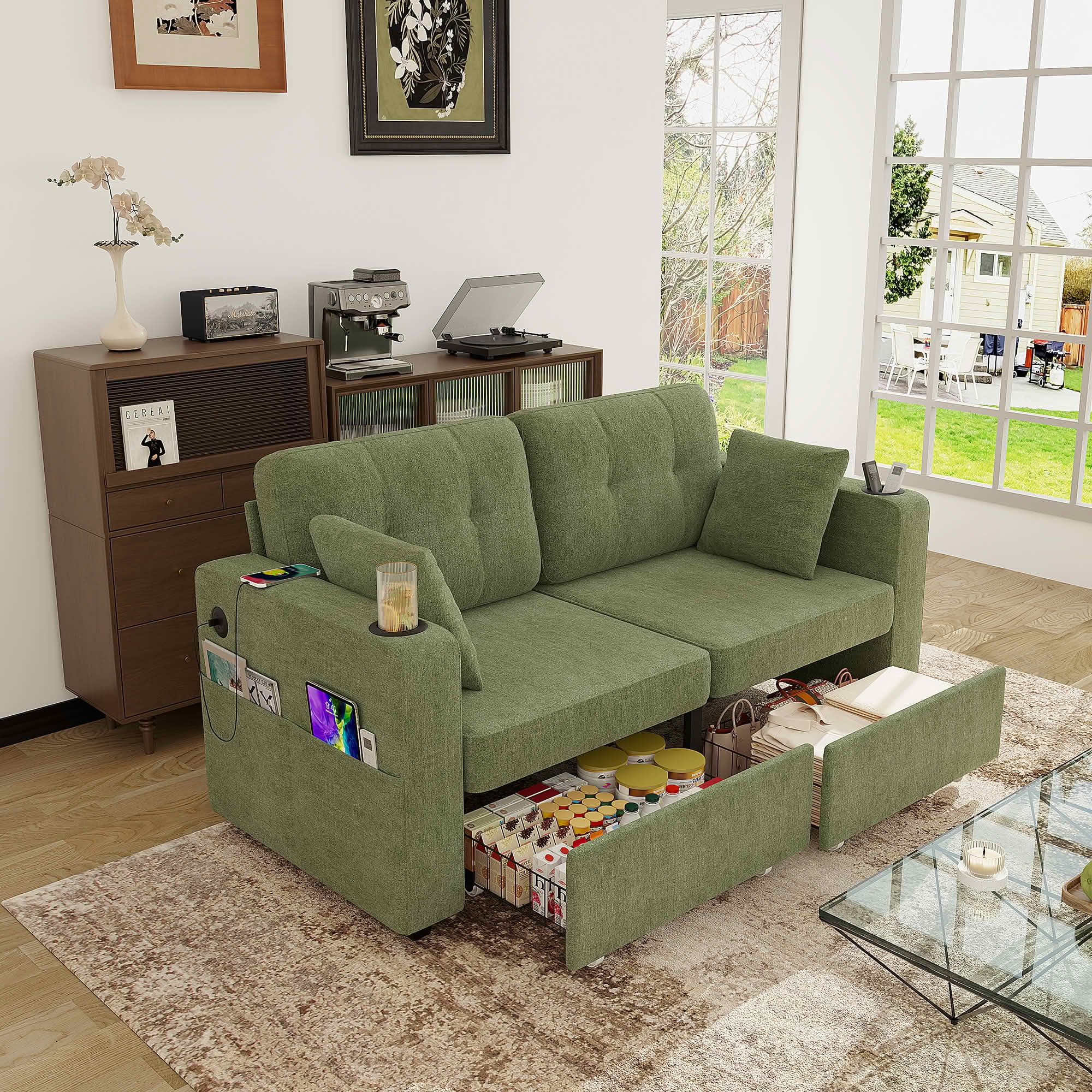 MAYEERTY Modern 3-Seat Chenille Sofa, Wood Frame Sectional Couch with USB Charging, Cup Holder & Storage Function for Home Small Space Living Room