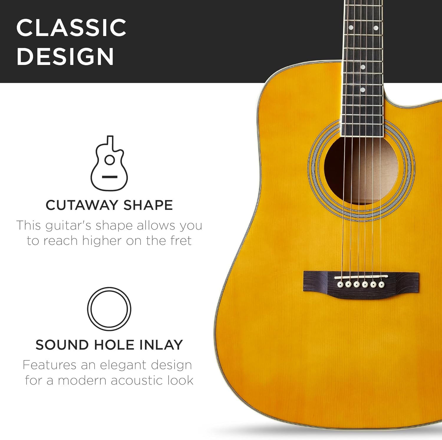 HarmonyStrings 41in Beginner Acoustic Guitar Full Size All Wood Cutaway Guitar Starter Set w/Case, Strap, Capo, Strings Aged Natural