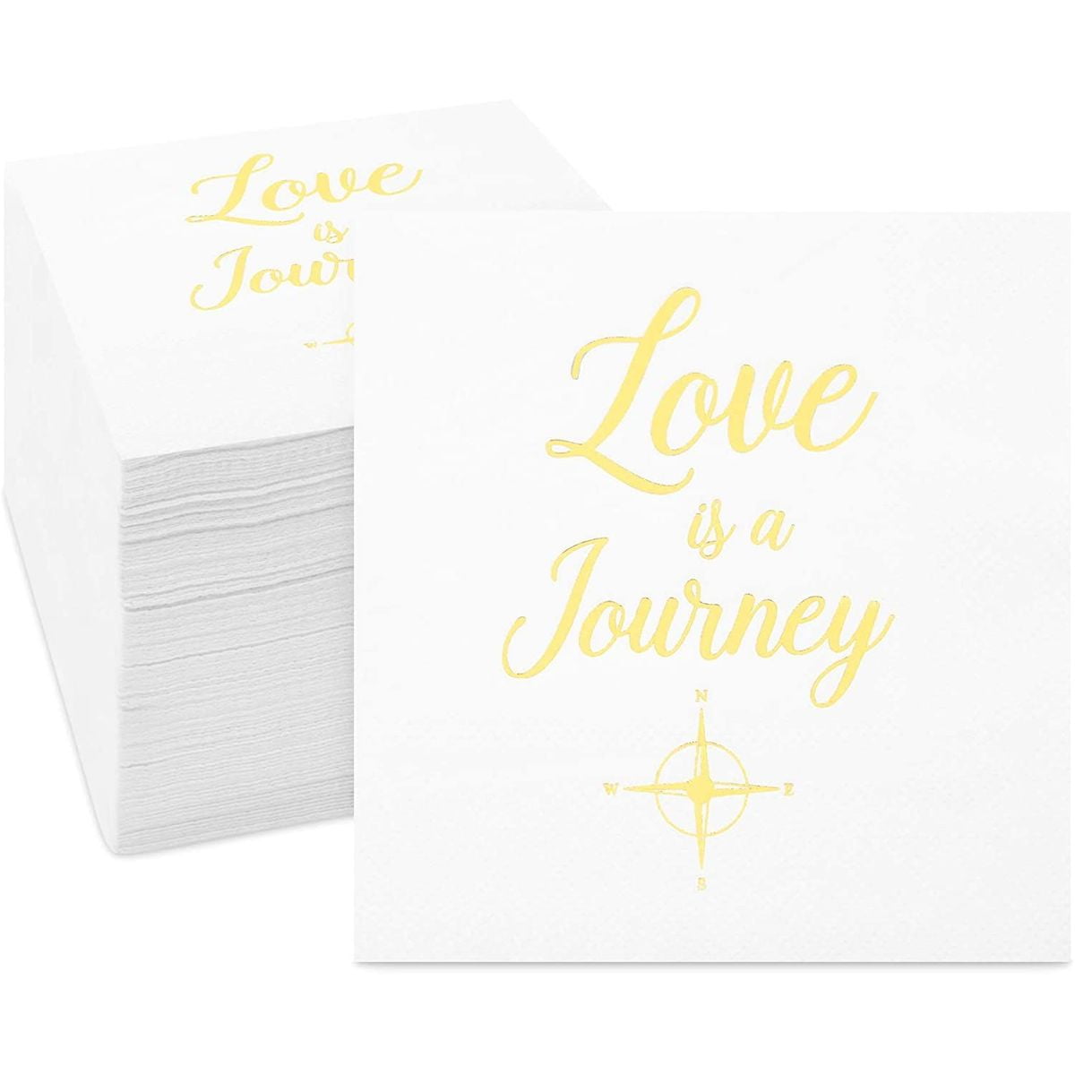 100 ct Wedding Paper Cocktail Napkins for Party Supplies Table Decorations, White and Gold Foil Love is a Journey, 5 in