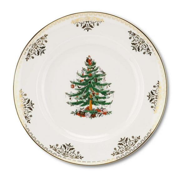 Spode Christmas Tree Gold Dinner Plate, 10.5-Inch Porcelain Dinner & Appetizer Plate, Holiday-Themed Serving Plate, Microwave & Dishwasher Safe, Festive Collectible Seasonal Dining Plate