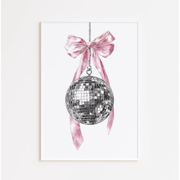 Pink Bow Disco Ball Poster Wall Art, Glam Party Poster, Chic Minimalist Poster, Modern Fashion Art, Sparkle Aesthetic Decor, Size 8x12 UNFFRAMED F03.1.7l1581