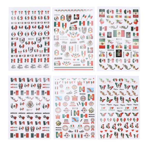Juego de 6 hojas de pegatinas autoadhesivas para decoración de uñas Nikou con bandera mexicana