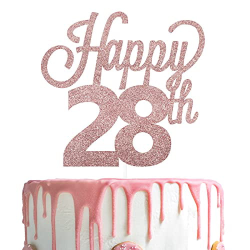 CakeSupplyShop Item#028GRCT 28th Birthday / Anniversary Cheers Soft Gold  Glitter Sparkle Elegant Cake Decoration Topper