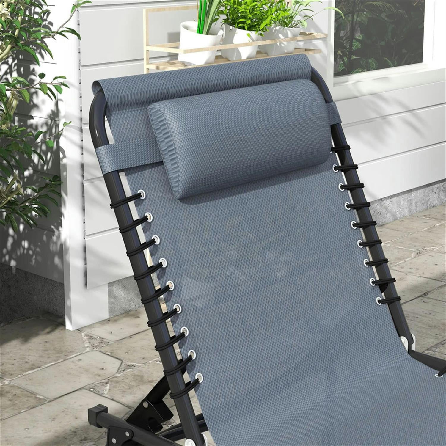 Demi Bonn Outdoor Folding Chaise Lounge Chairs Set of 2 with 4-Position Reclining Pillow-Back, Breathable Mesh Seat, Bungee for Pool, Beach, Patio, Gray