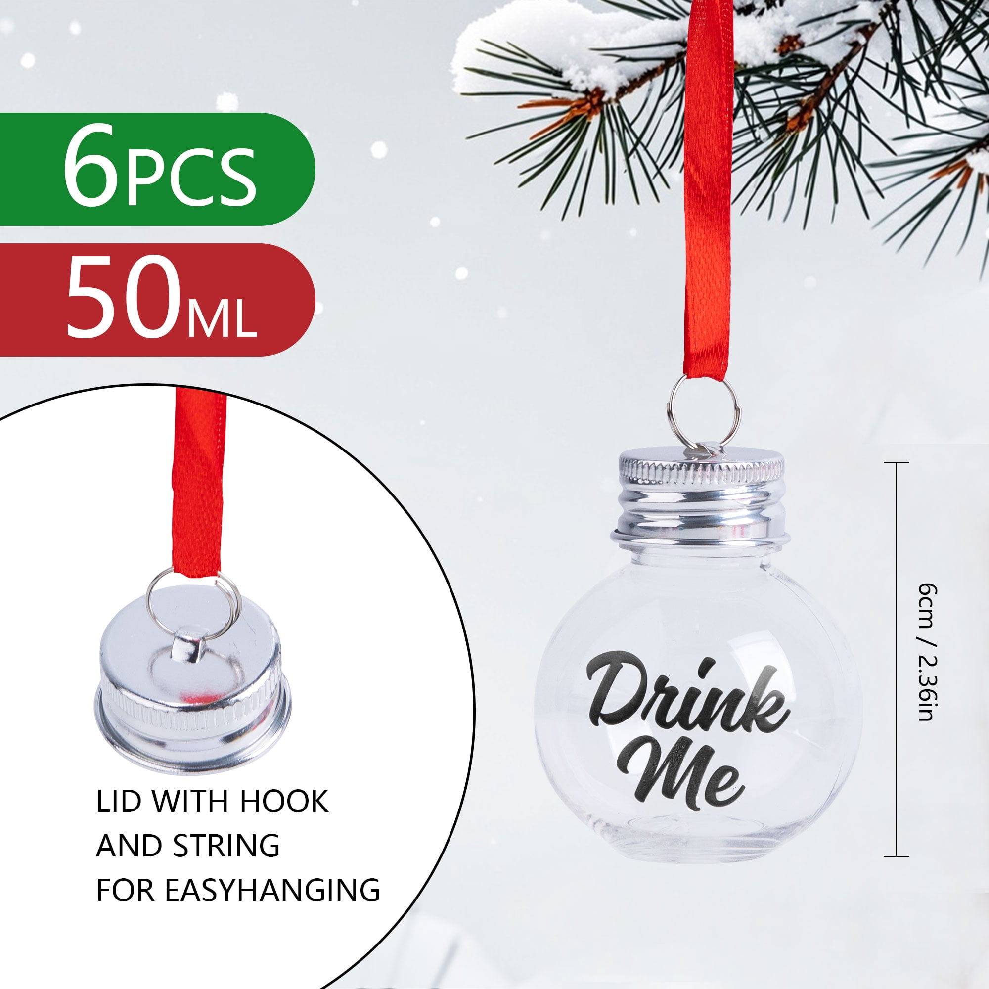 Fillable Clear Plastic Ornament Balls, 50ml Hanging Decorations for Christmas Tree, 6 Pack