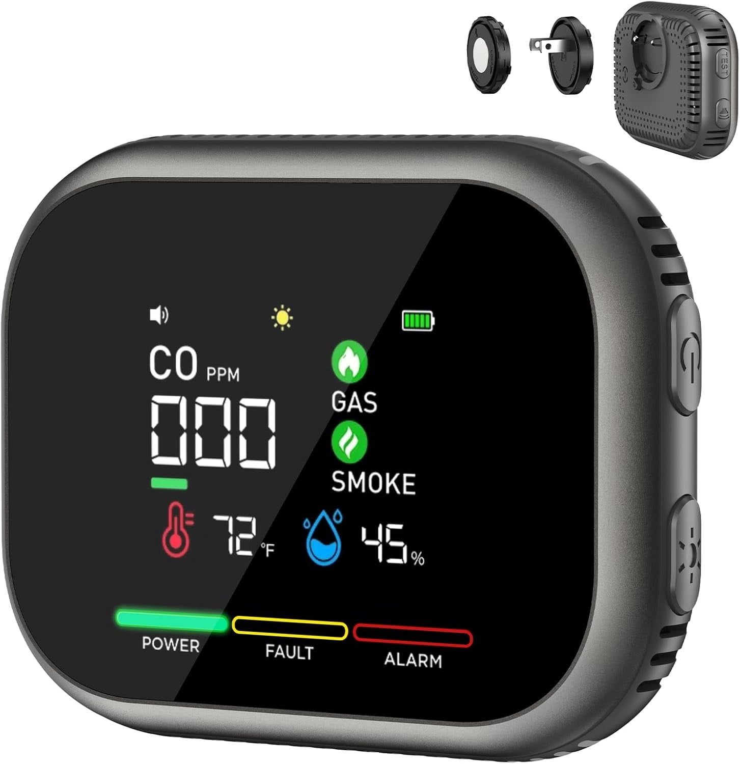 6-in-1 CO, Smoke, Gas Detector - Portable Plug-in Safety Device with Built-in Battery, High-Precision Sensors, 85dB Alarm, and Rotatable Color Screen for Home, RV, Hotel, and Travel Use Black