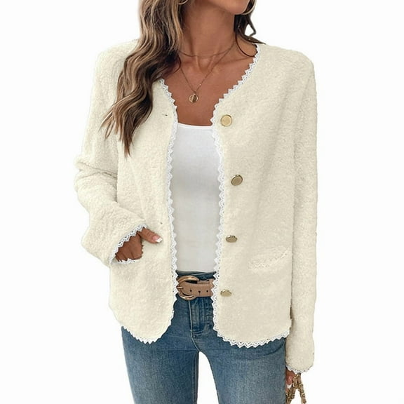 Women Open Front Sherpas Coat Lace TrimJacket Trendy Long Sleeve Clothes Coatigan Cream White L