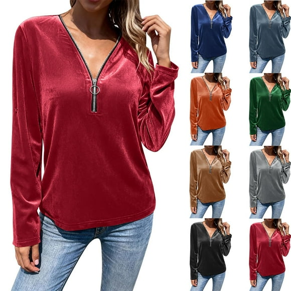 VKOYWKM Hauts en Velours à Demi-Glissière pour Femmes Manches Longues Col en V Chemises en Velours Tendance Printemps Automne Blouses Basiques pour les Fêtes