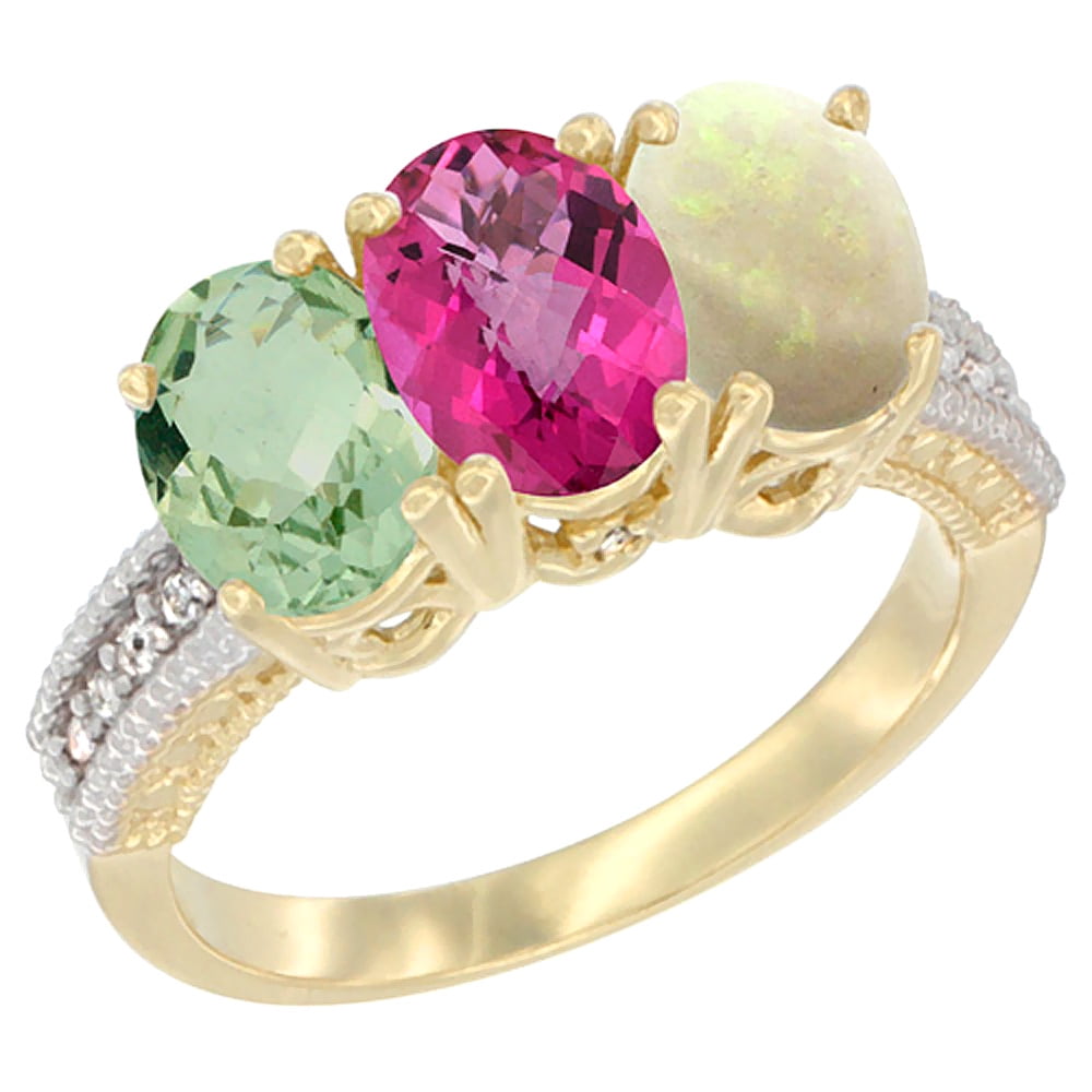 14K Yellow Gold Natural Green Amethyst, Pink Topaz & Opal Ring 3-Stone 7x5 mm Oval Diamond Accent, sizes 5 10 by WorldJewels
