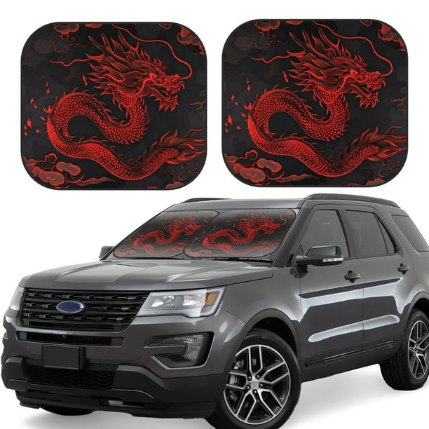 Balery Red Dragon On Black Parasol para parabrisas de coche de 2 piezas | Parasol plegable para parabrisas delantero de coche para la mayoría de sedanes-Medium