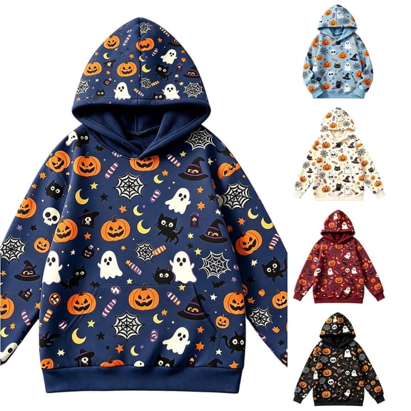 Zylarhe Kids Halloween Tops Hoodie with Front Pocket for Boys Cozy Sweatshirt Seasonal Comfort Blue 3-4 Years