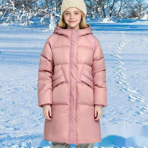 AUNVITO Thermal Lined Thickened Long Parka for 5-15Y Boys & Girls, Hooded Solid Color Winter Coat with Pockets Casual Warm Padded Jacket