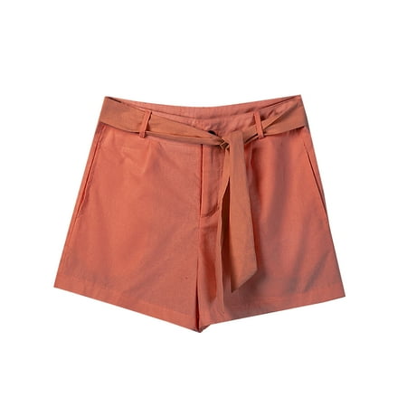 

YanHoo Women s Summer Sweat Shorts Linen High Waist with Belt Pants Solid Casual Shorts with Pockets