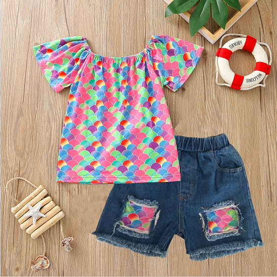 Puloru Kids Summer Outfit, Multicolor Scale Tops + Stitching Denim