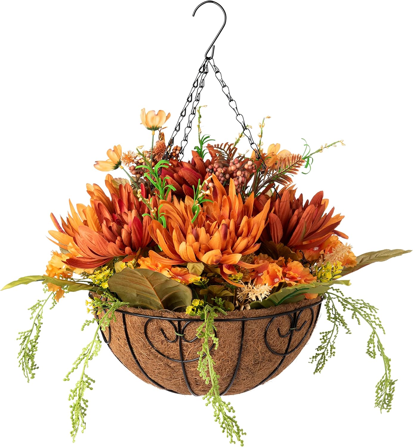 Artificial Faux Hanging Flowers Plants in Basket for Outdoor, Fully Assembled Fake Fall Orange Mix Silk Chrysanthemum Hydrangea Mums Arrangements Hanging Planter for Home Porch Patio Balcony Decor