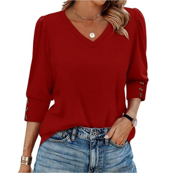 Xyxonk 3/4 Length Sleeve Womens Tops Dressy Casual V Neck Shirt Business Solid Color Blouses Summer Fashion Clothing Red L