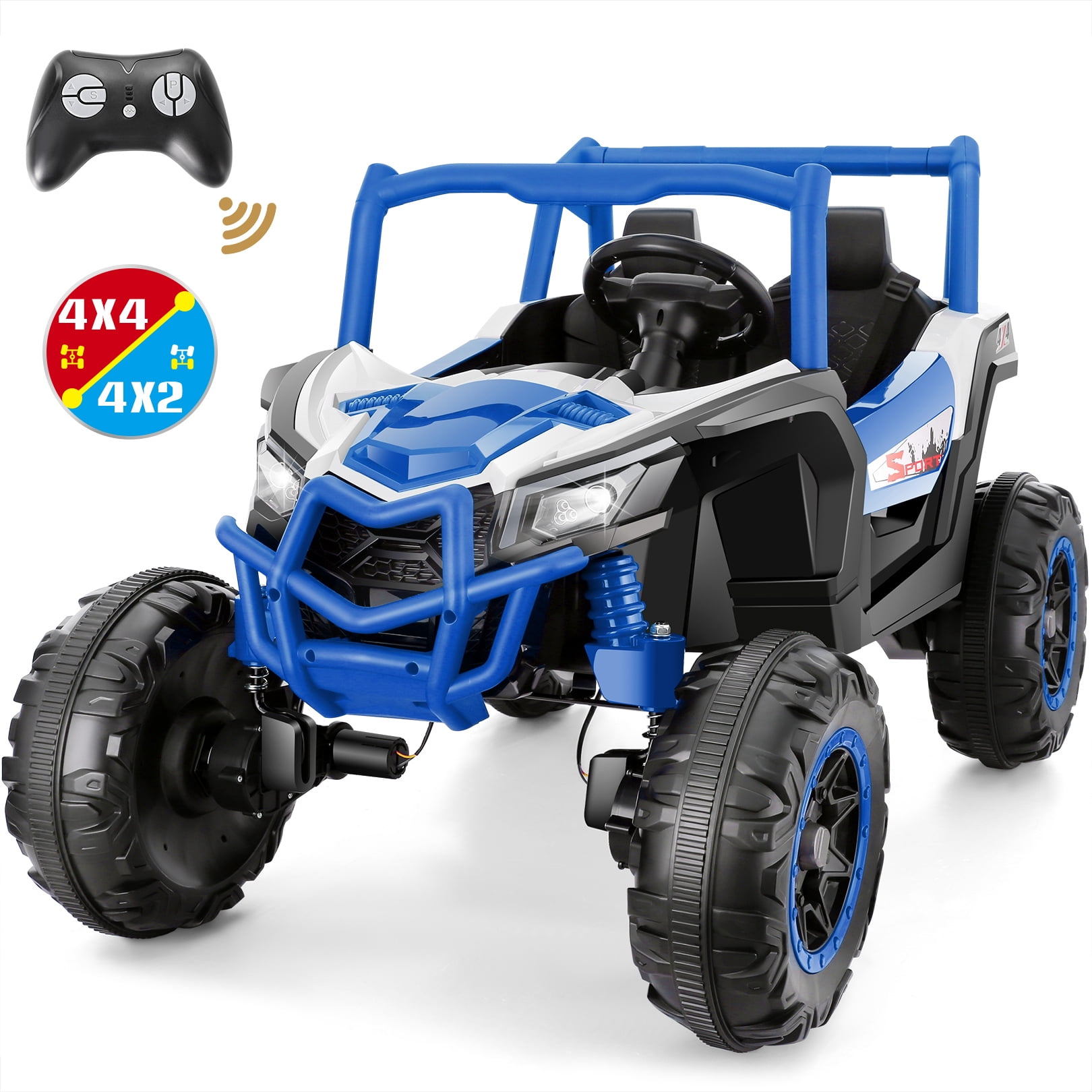 Farmdex 4WD 24V Ride on Toys 2 XL Seater Kids Ride on Cars w/ Remote Control, 4*200W Motor, Electric Off-Road UTV 7AH Battery Powered 4-Wheeler Vehicle w/ Bluetooth, Music, 3-Speed, LED Light, Blue
