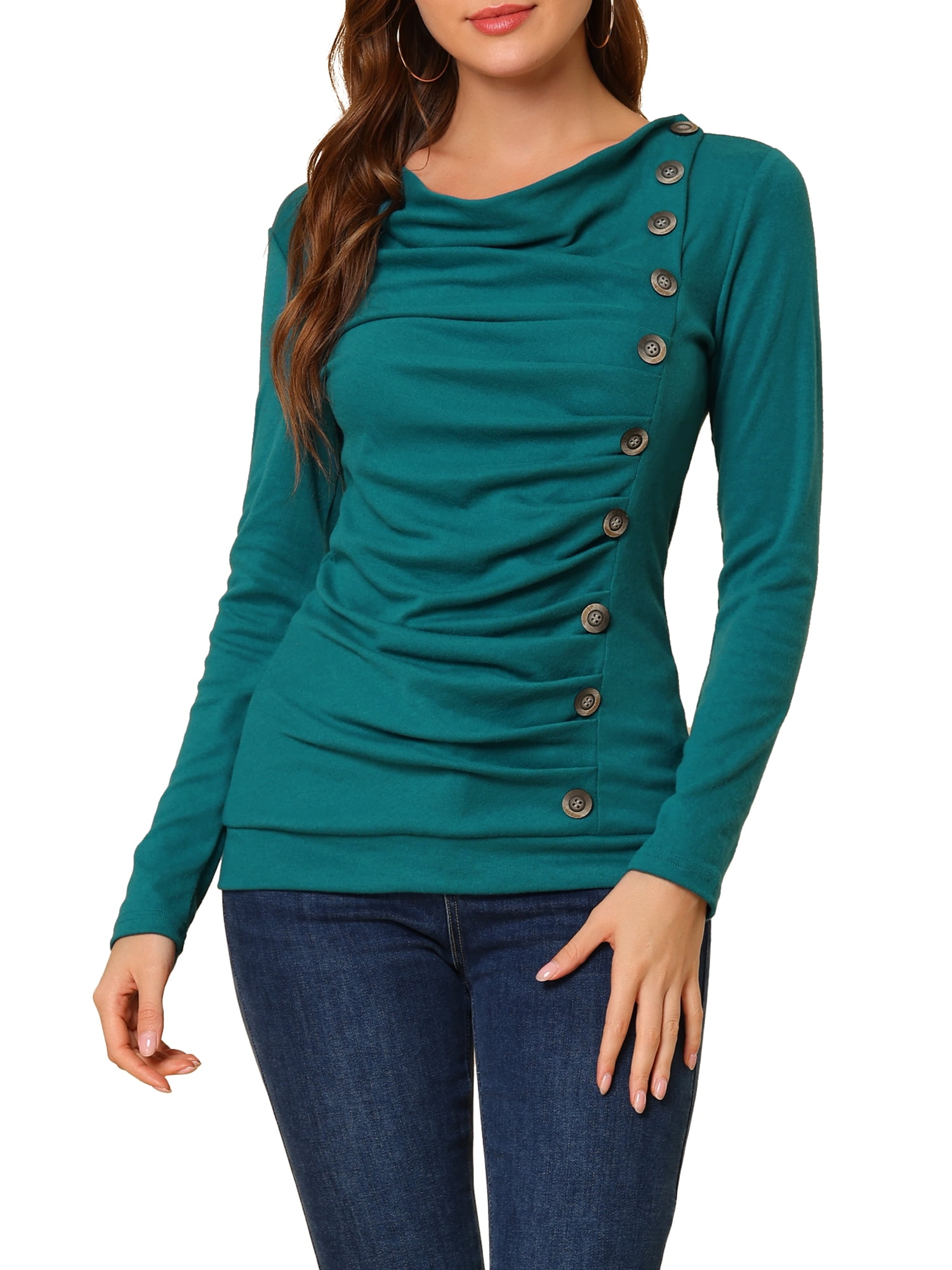 DARING DIVA Women's Cowl Neck Side Ruched Tunic Top S Blue Green