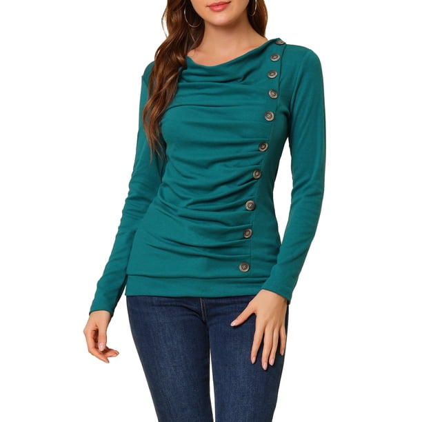 INSPIRAR CHIC Blusa de Manga Larga con Cuello de Cowl y Botones Decorativos, Frontal Fruncido, Ajuste Regular, Talla XS, Azul Verde