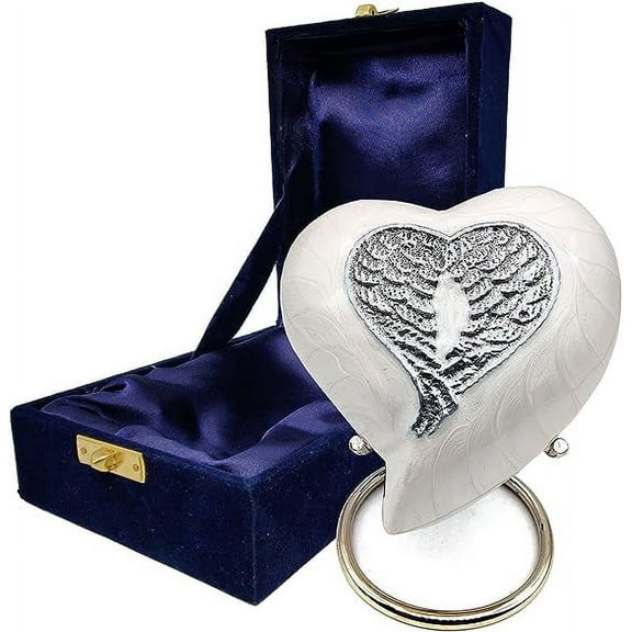 Heart Cremation WHITE Urn for Human Ashes Adult Funeral Decorative Angel Wings Urn for Women and Men Carefully Handcrafted Keepsake Cremation Heart Shaped Urn Comes with Stand & Gift Box (WHITE WING)