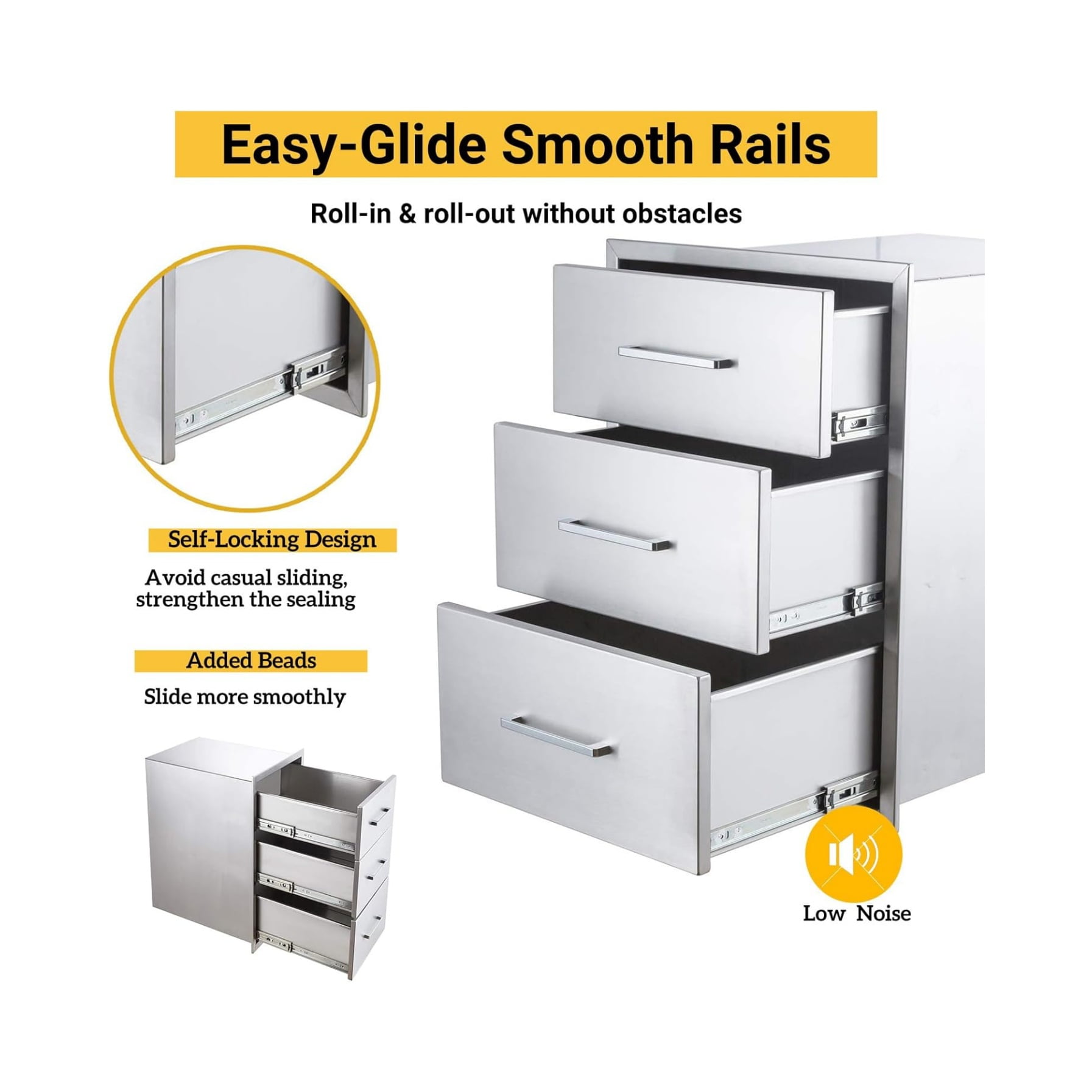 Home Stainless Steel Drawer for Outdoor Kitchen BBQ, 18 inch Undermount Soft Close Cabinet Organizer, Heavy Duty Rustproof 304 Steel Triple Drawer 18" W x 24" H x 18" D