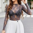 thumbnail image 2 of Mesh Top Women Women's Long Sleeve Neck Sheer Blouse See Through Floral Lace Tops Grey XL, 2 of 9