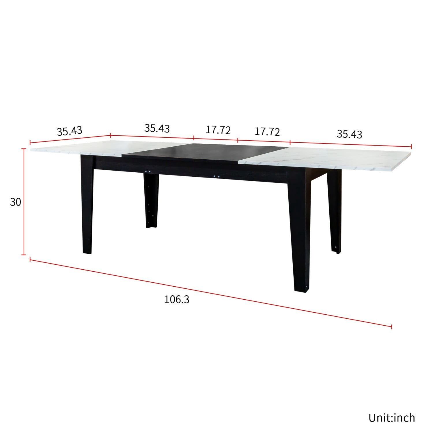 106.3" Extendable Dining Table, Large Woodgrain Kitchen Table with Expandable Design, Modern Rectangular Dining Room Table for Family Meals, Office, Study & Gathering Spaces, White