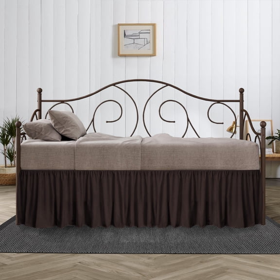 16 Inch Drop Twin Size Chocolate Solid Day Bed Skirt Lightweight Ruffled Pattern Split Corner Premium Hotal Quality With Flexible Elastic & Fade Resistent