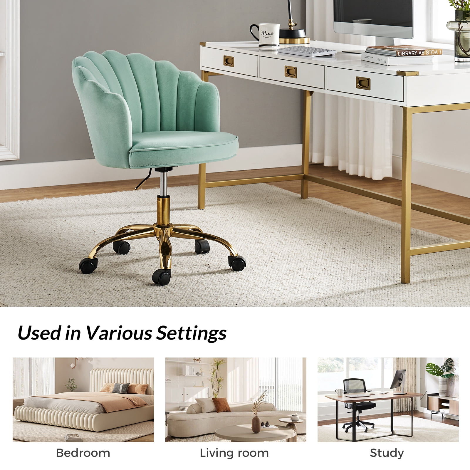 Makeup Vanity Chair Velvet Upholstered Office Task Desk Chairs Swivel Adjustable Sage