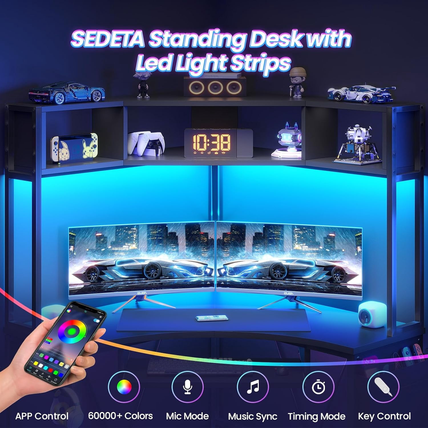 SEDETA Corner Computer Desk with Hutch, Black Gaming Desk with Keyboard Tray & Hooks, Writing Desk for Small Space