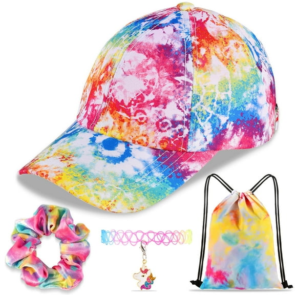 Girls Baseball Cap Sun Hat: Girls Gift Rainbow Tie Dye Baseball Hat for Beach Hat Adjustable Trucker Hat Kids Outdoor Sports, 4PCS Set Includes Caps Unicorn Necklace Headband and Drawstring Backpack