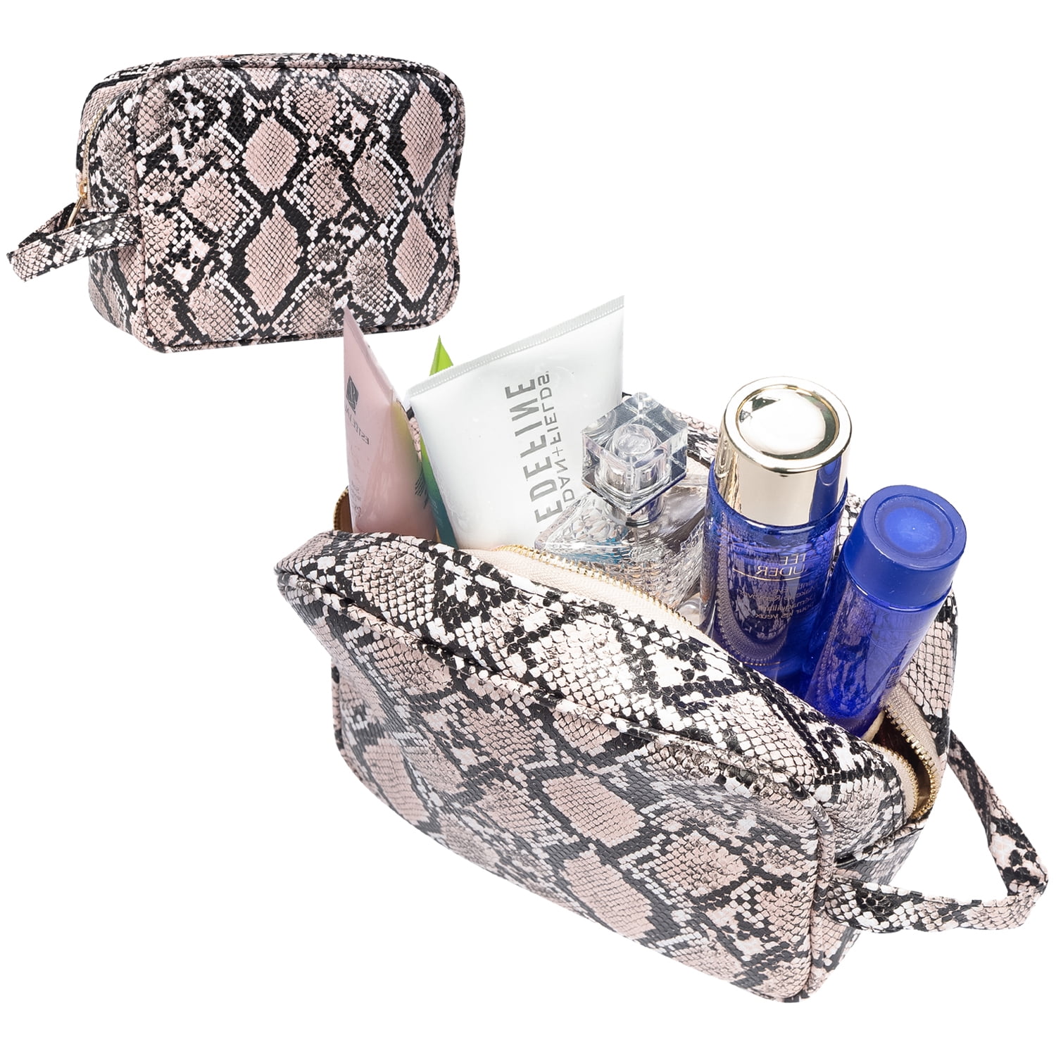 Luxouria Checkered Makeup Bag for Women - Luxury Travel Cosmetic Bags -  Leather Toiletry Pouch 