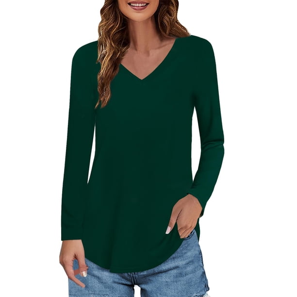 Top túnica de manga larga con cuello en V para mujer - Blusa holgada e informal - Ideal para casa, playa o vacaciones