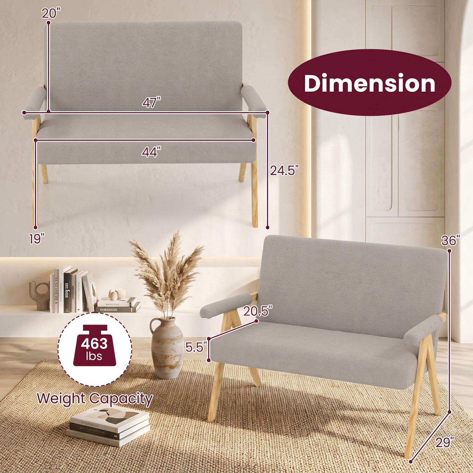 Furnibear Modern Loveseat Sofa for Small Spaces, Upholstered 2-Seat Couch with Cushioned Armrests, Soft Sherpa Fabric Loveseat on Sturdy Rubber Wood Legs for, Gray