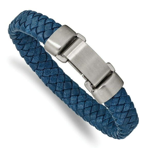 Primal Steel Stainless Steel Brushed Blue Leather 8.25 Inch Bracelet