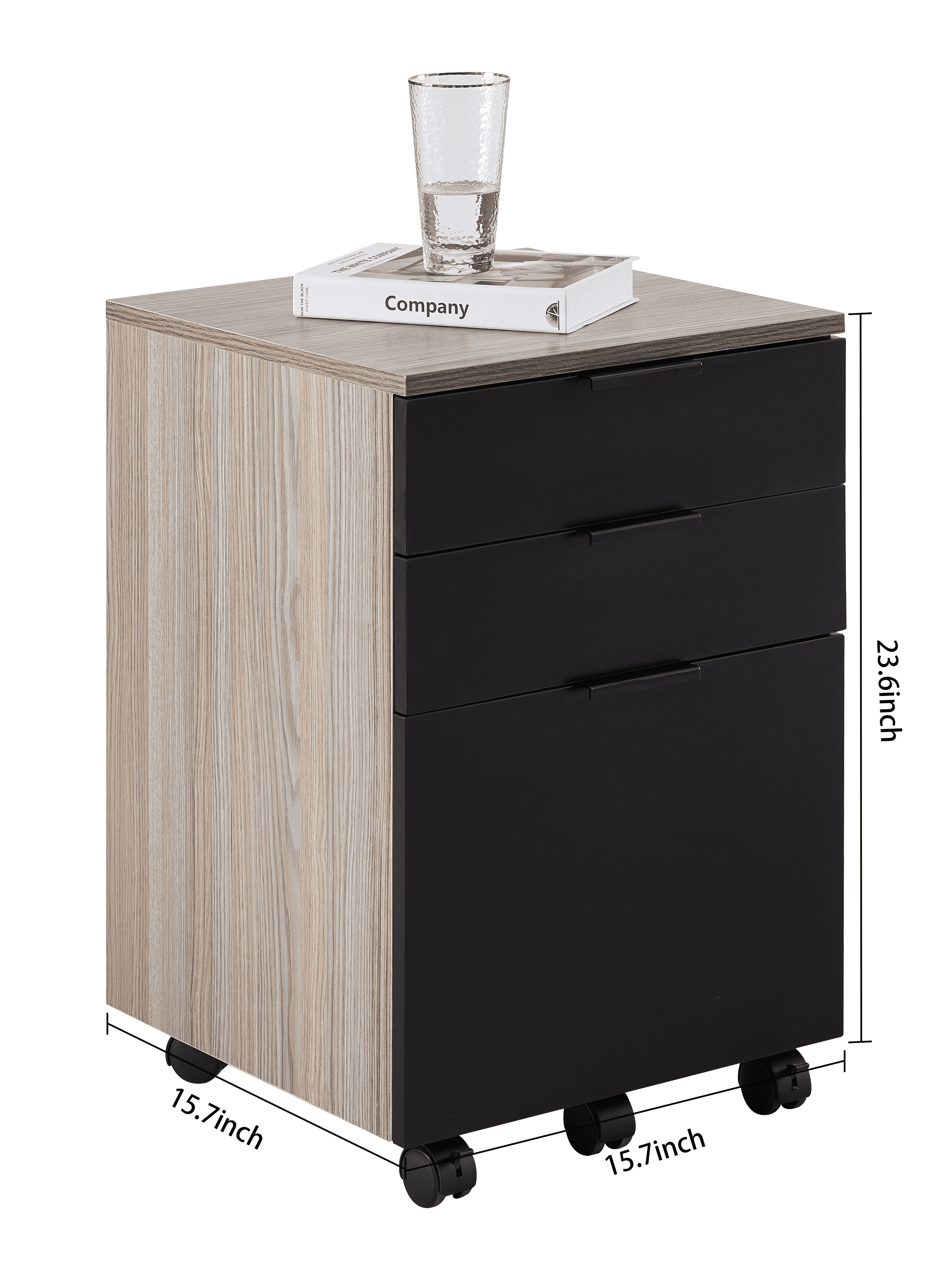 JJS 3 Drawer Rolling Wood File Cabinet with Locking Wheels for A4 or Letter Size Black Drawer