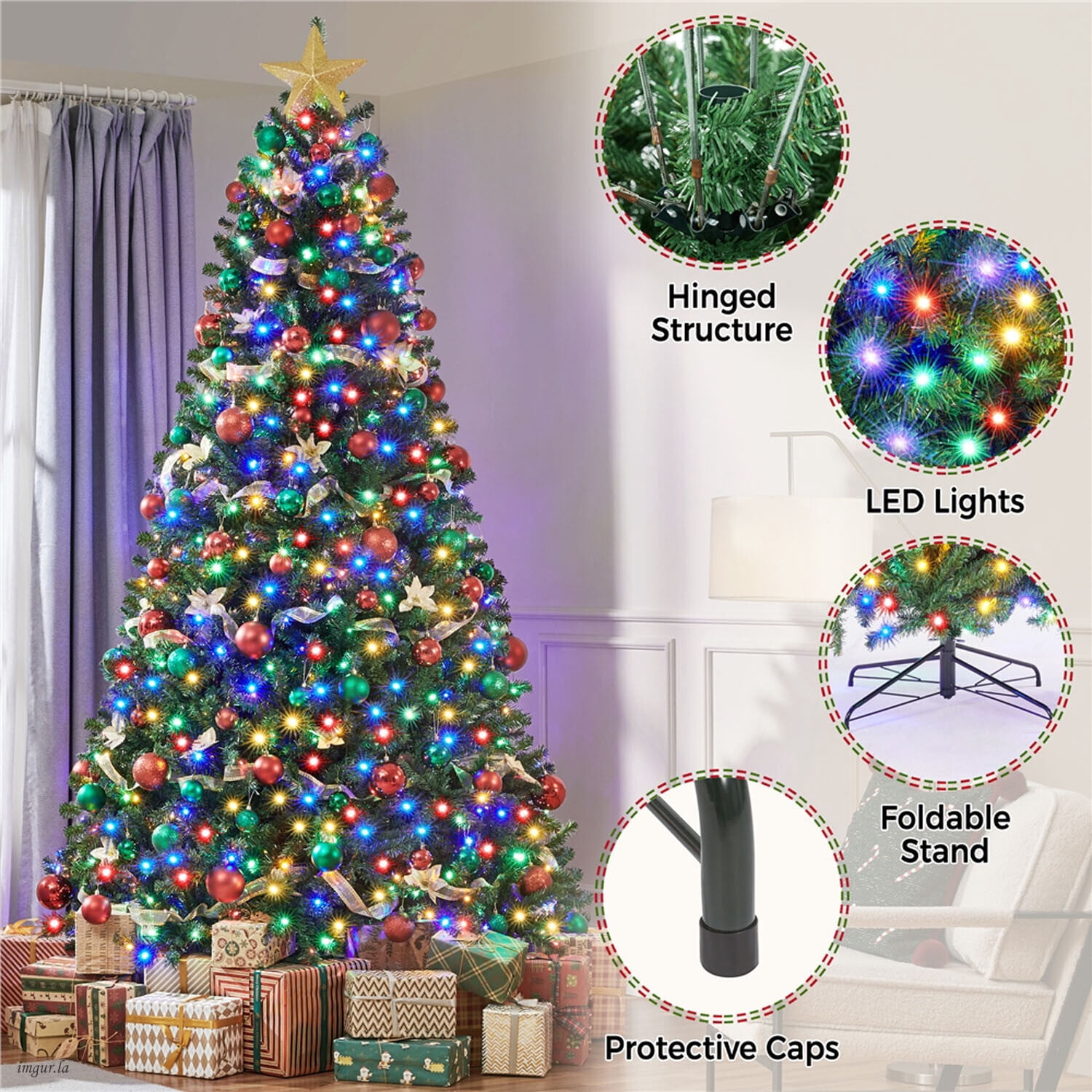 Alden Design 9FT Pre-lit Artificial Christmas Tree with Foldable Stand and Multicolored LED Lights, Green