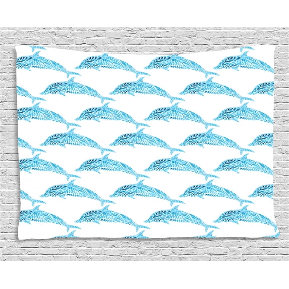 Sea Animals Decor Tapestry, Aqua Dolphin Figures with Leaf Ornamentals Abstract Art Playful Fish, Wall Hanging for Bedroom Living Room Dorm Decor, 80W X 60L Inches, Blue White, by Ambesonne