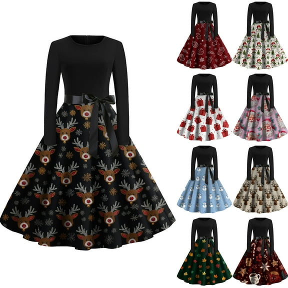 Christmas Dresses for Women Women's Fashion Round Casual Slim Fit Christmas Print Large Swing Long Sleeve Dress for Holiday Party,Beige,L