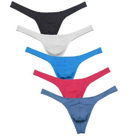 Botmois 5 PACK Men s Solid Bikini Briefs Contoured Pouch Thong Guy Sexy Low-rise Tangas Soft String Underwear Lingerie Panties 5GG M