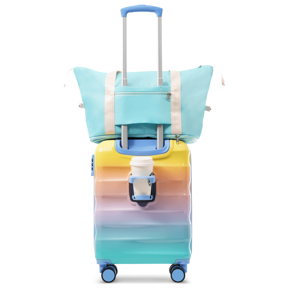 Tcbosik Hardshell Luggage Set with Cup Holder, 20 inch Lightweight Suitcase with TSA Lock and Spinner Wheels, Trolley Case with Travel Bag, 2-Piece Set, Blue & Orange