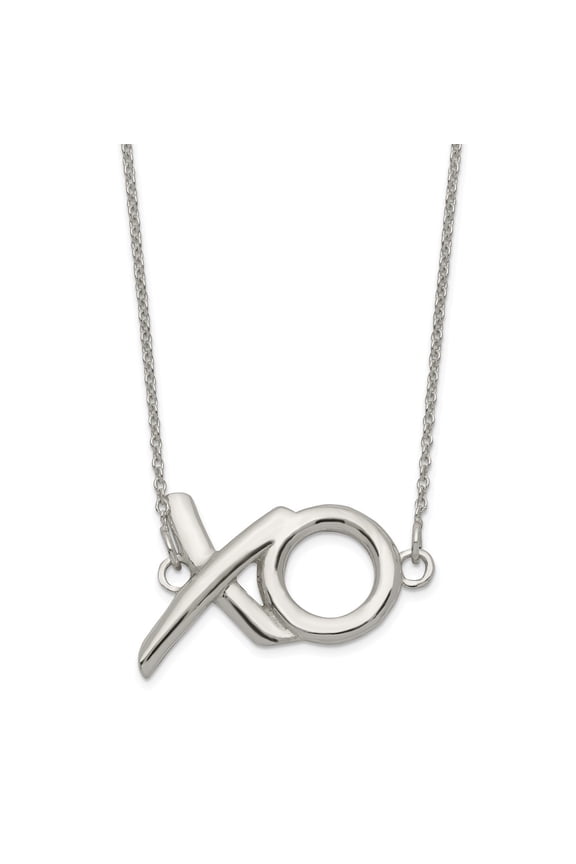 White Sterling Silver necklace Themed 16 in 1 mm Polished 'XO' with 2in. Ext.