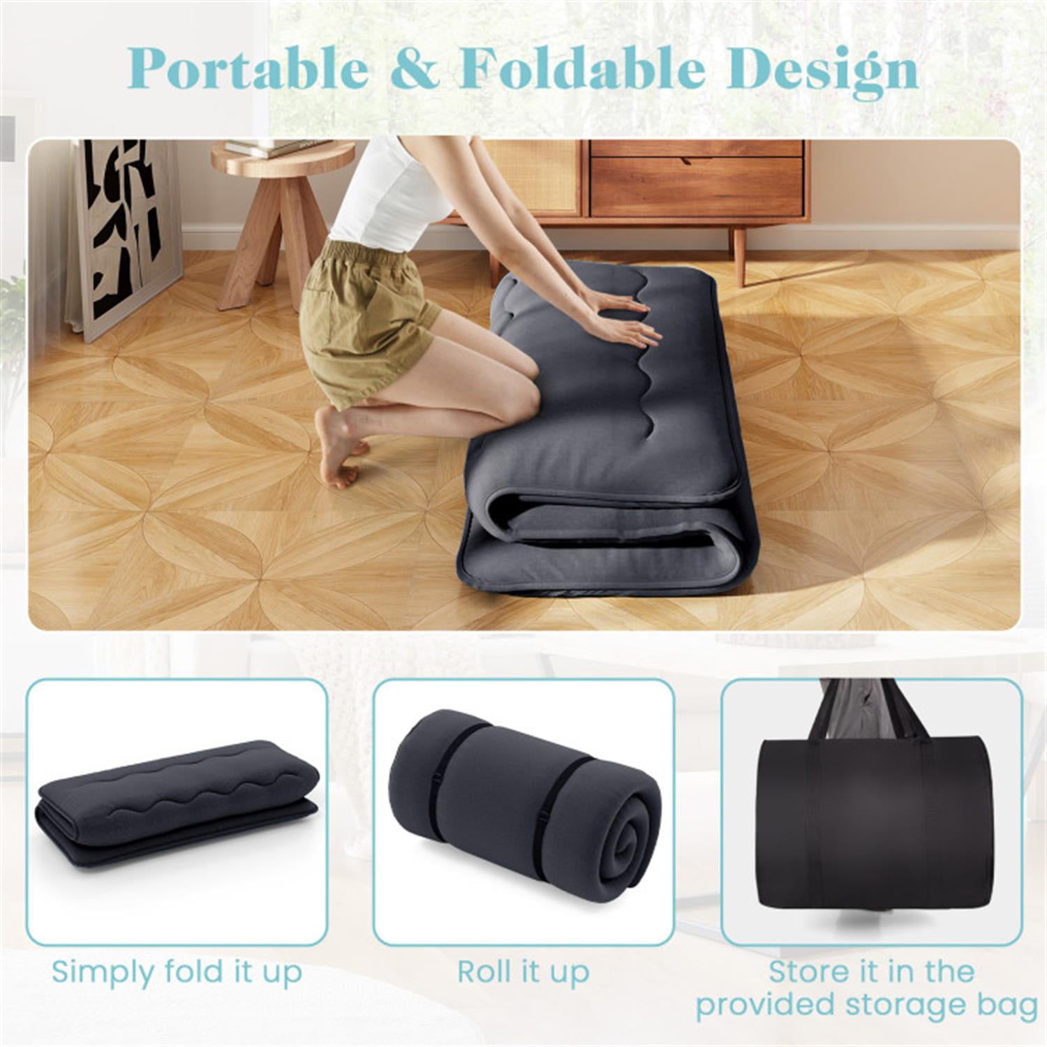 Demi Bonn Futon Mattress with Washable Cover and Foldable Mat, 4" Thicken Floor Mattresses Dormitory Mattress Pad Floor Lounger, Full Size