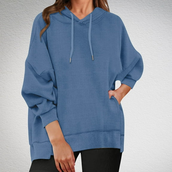 LEBONYARD Womens Tops,Women's Solid Color Casual Long Sleeve Pocket Loose Oversized Hoodies Pullover Sweatshirt Blue S