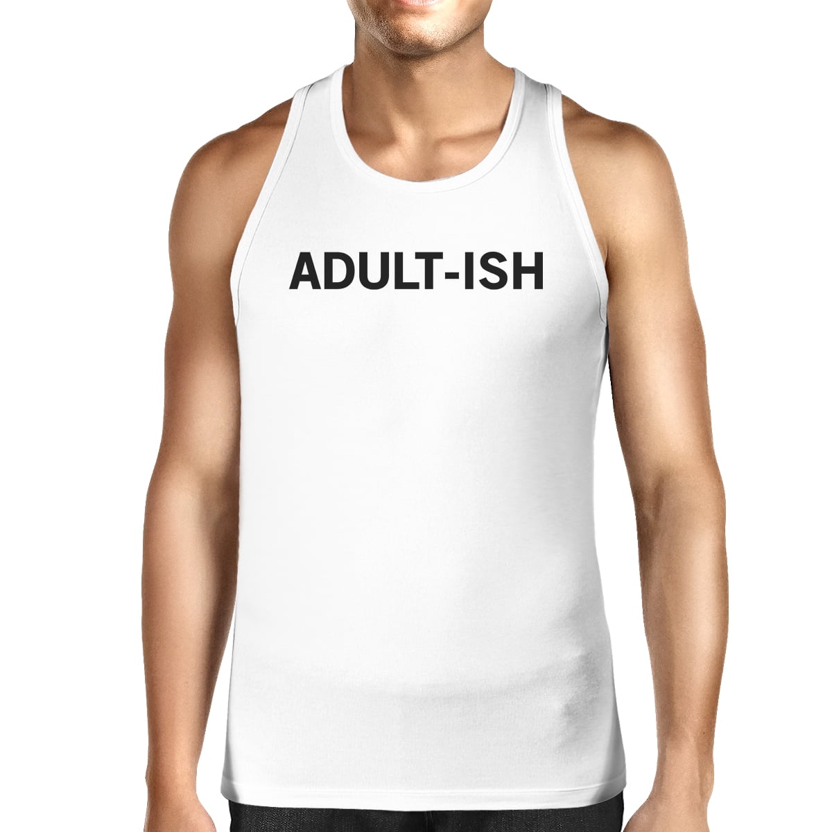 Adultish Mens White Sleeveless Tank Top Trendy Typography Top
