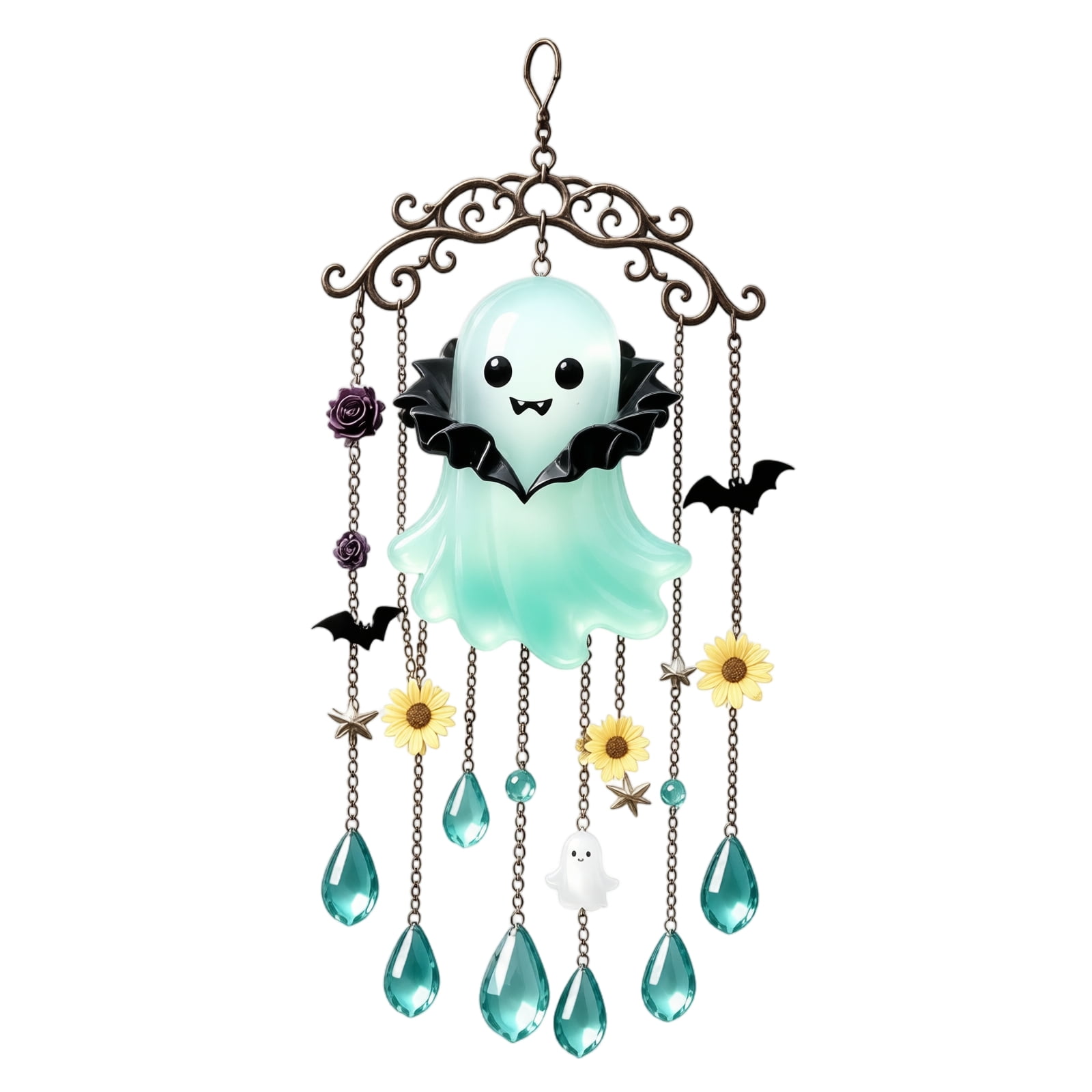 lhwanj Spooky Halloween Ghost Themed Acrylic Suncatcher Wind Chime with Crystal Beads for Window Garden Holiday Decor