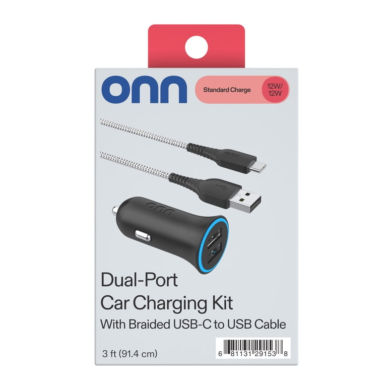 onn 24W Dual USB-A Car Charger with 3ft USB-C Cable photo 5