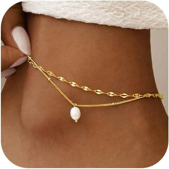 XBage Ankle Bracelets For Women 14K Gold Silver Plated Anklets For Women Waterproof Boho Evil Eye Pearl Charm Pendant Beaded Foot Chain Adjustable Dainty Summer Beach Jewelry Set Gifts N[xl199]