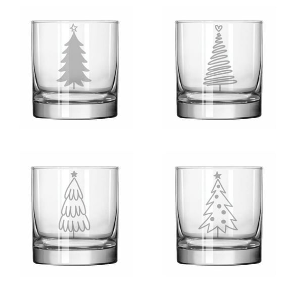 Set of 4 Glass 11 oz Rocks Whiskey Old Fashioned Stylized Christmas Trees Collection