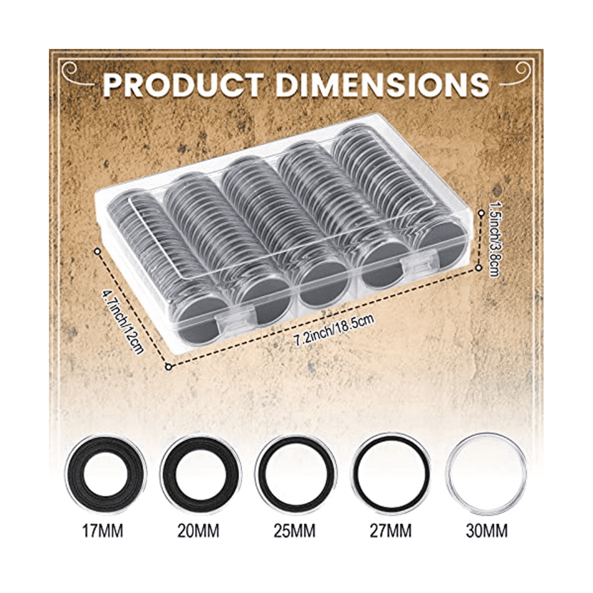300 Pcs 30 mm Coin Capsules with Black Protect Gasket Foam 5 Sizes (17/19/21.5/25/27/30mm) Coin Holder Case